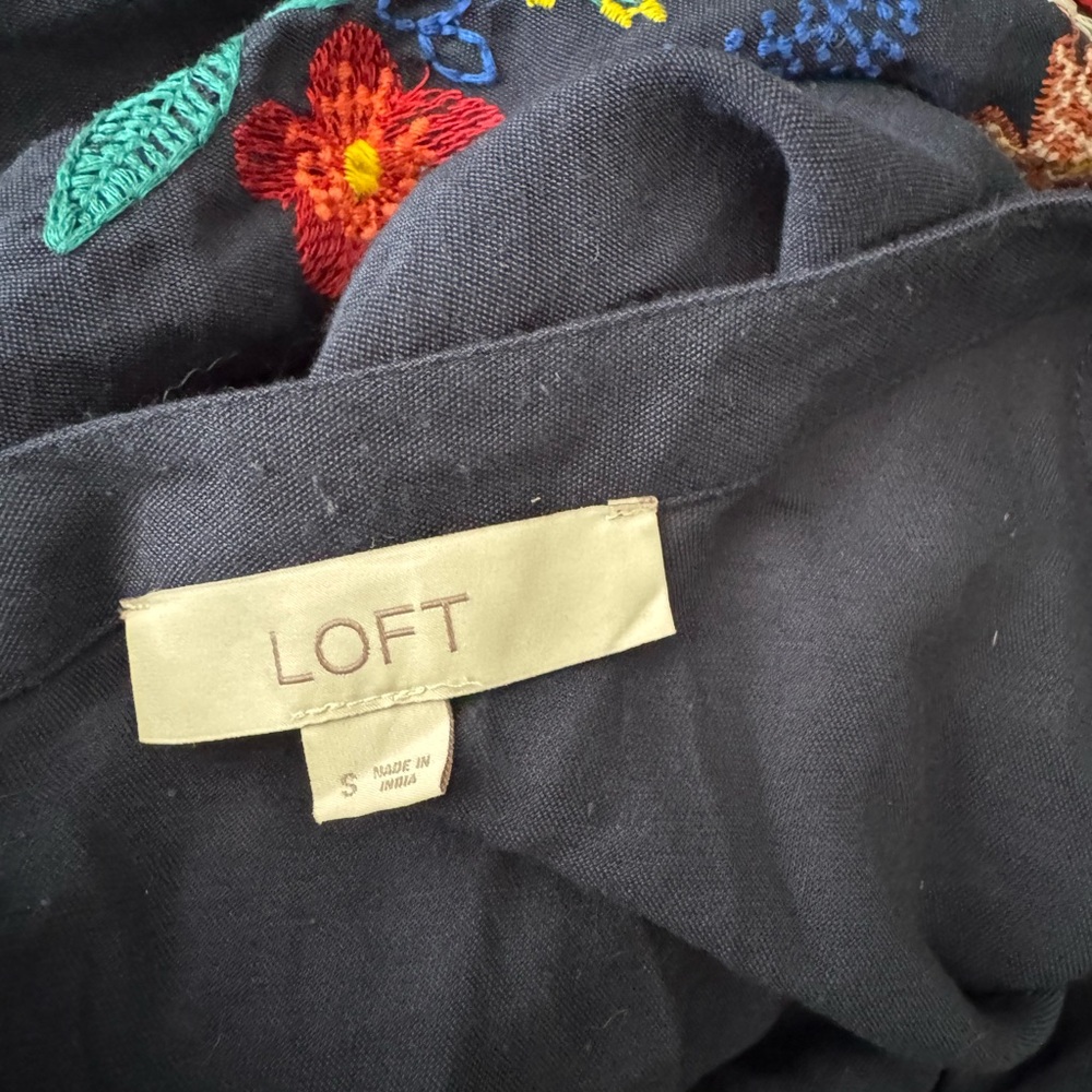 LOFT Navy Embroidered Floral Blouse with Multicolor Stitches - Picture 2 of 3